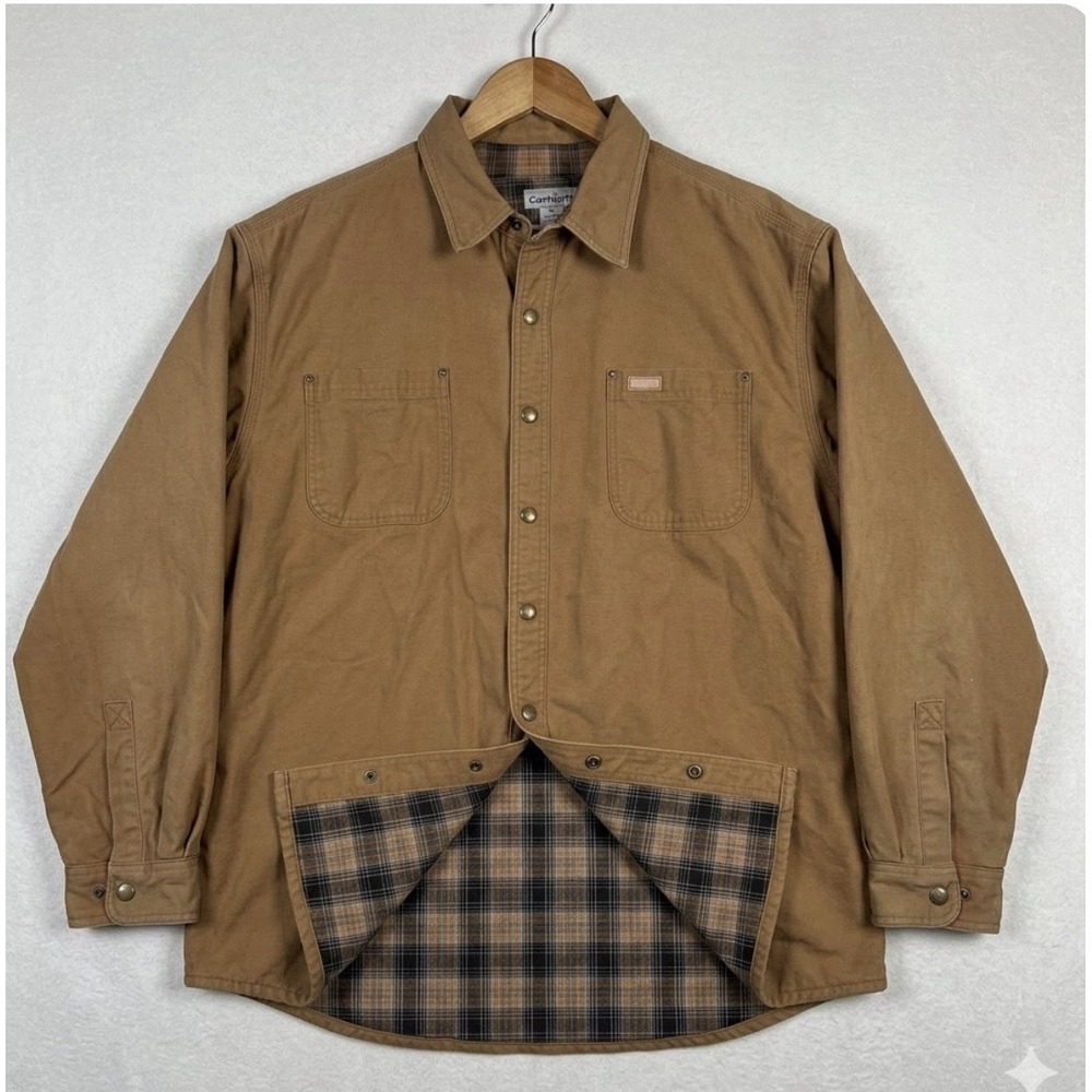 VTG Carhartt S96 BRN Flannel Lined Canvas Shirt Jacket Mens XL Brown Workwear